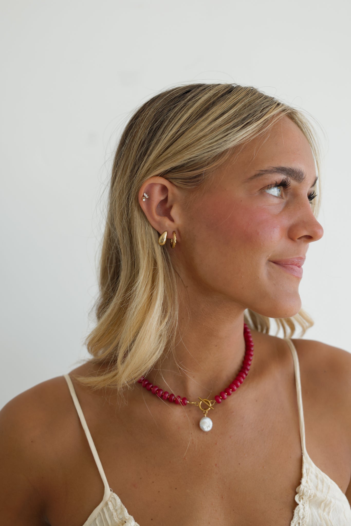 Strawberry Quartz Necklace + Coin Pearl Pendant