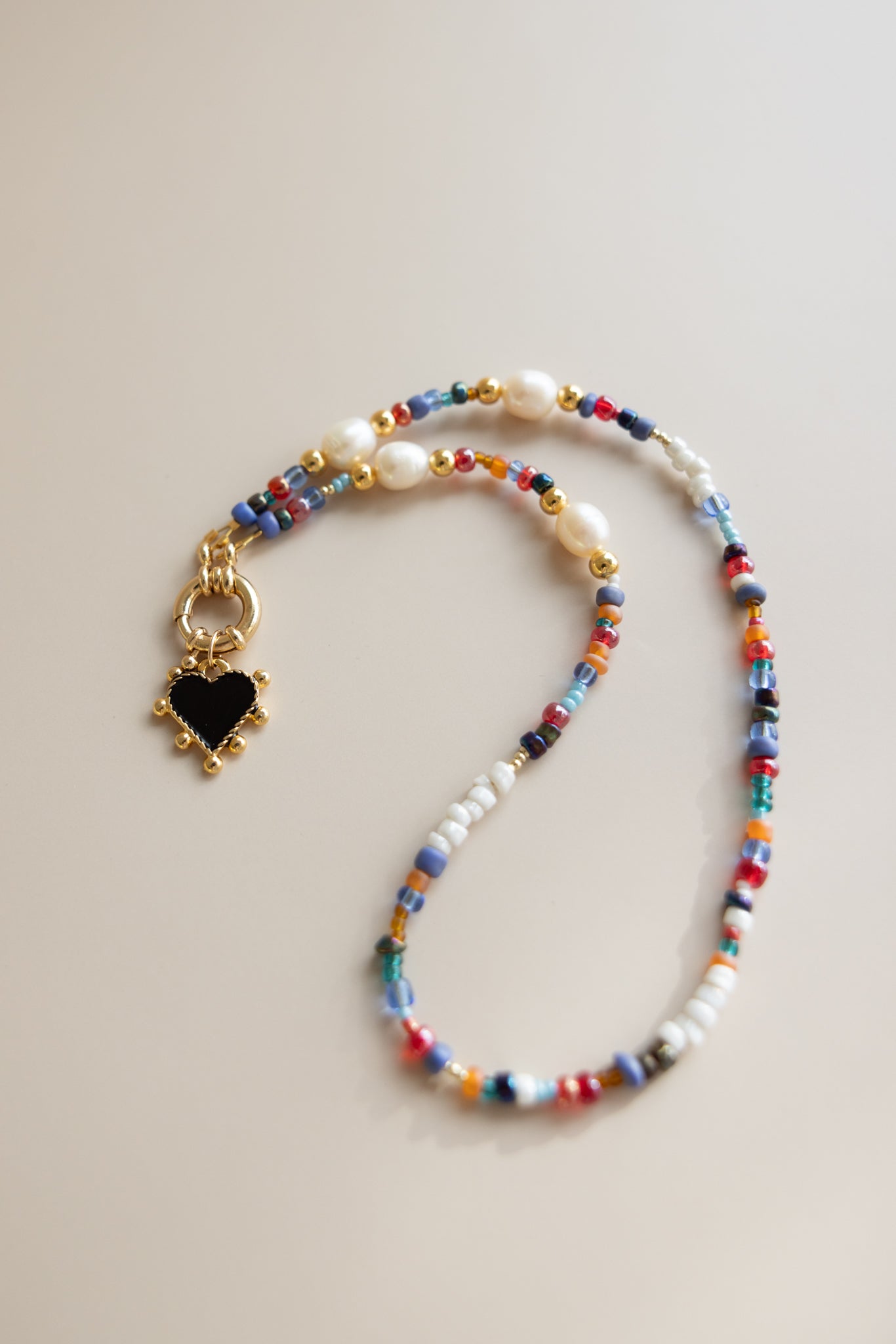 Pearl + Seed Bead Necklace + Black Heart Pendant