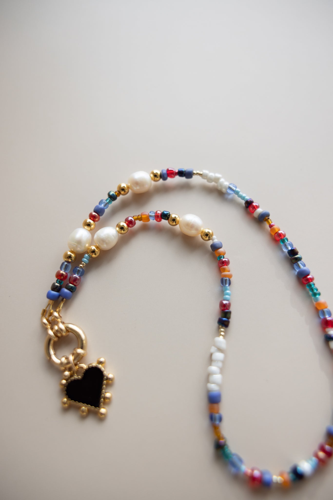 Pearl + Seed Bead Necklace + Black Heart Pendant