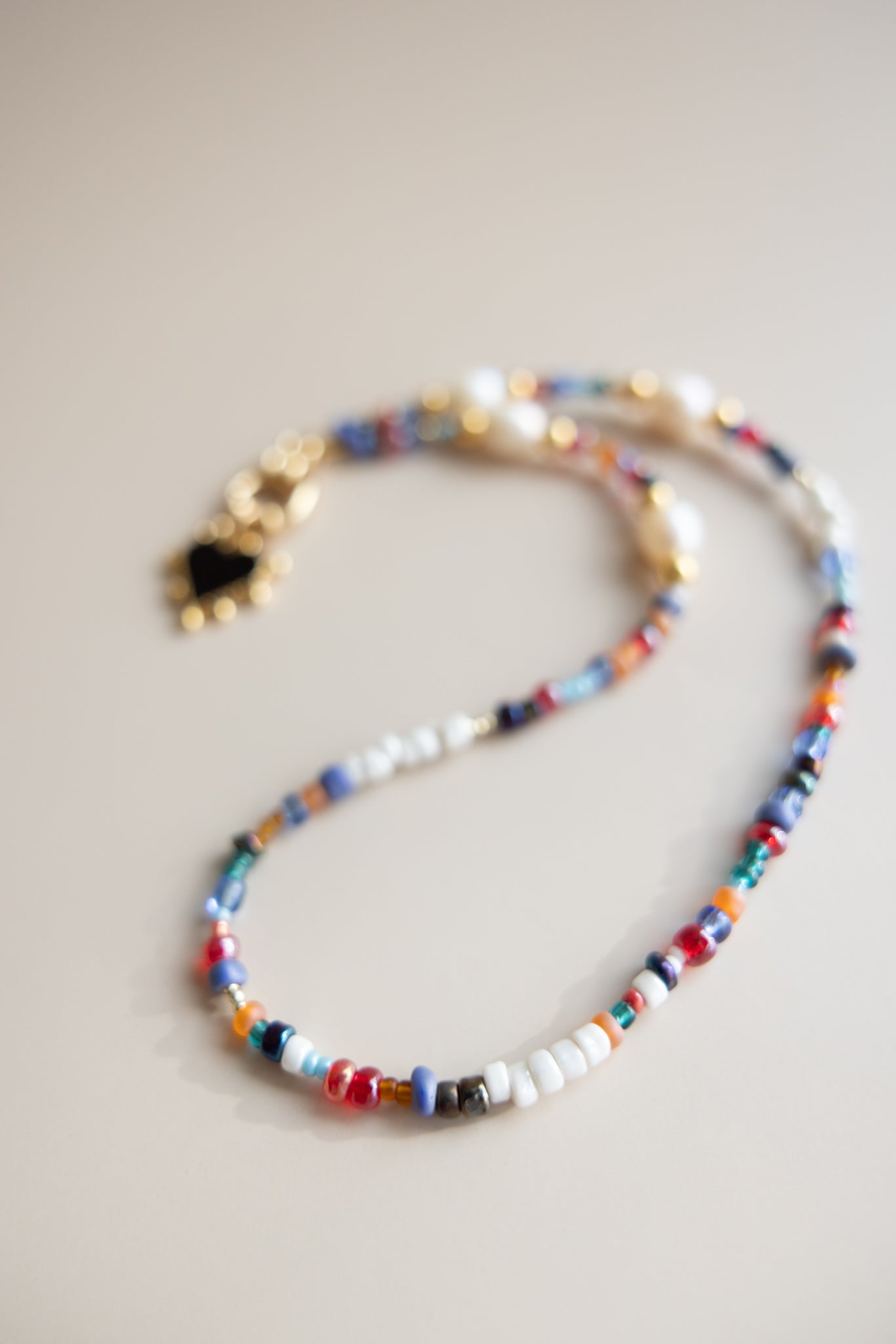 Pearl + Seed Bead Necklace + Black Heart Pendant