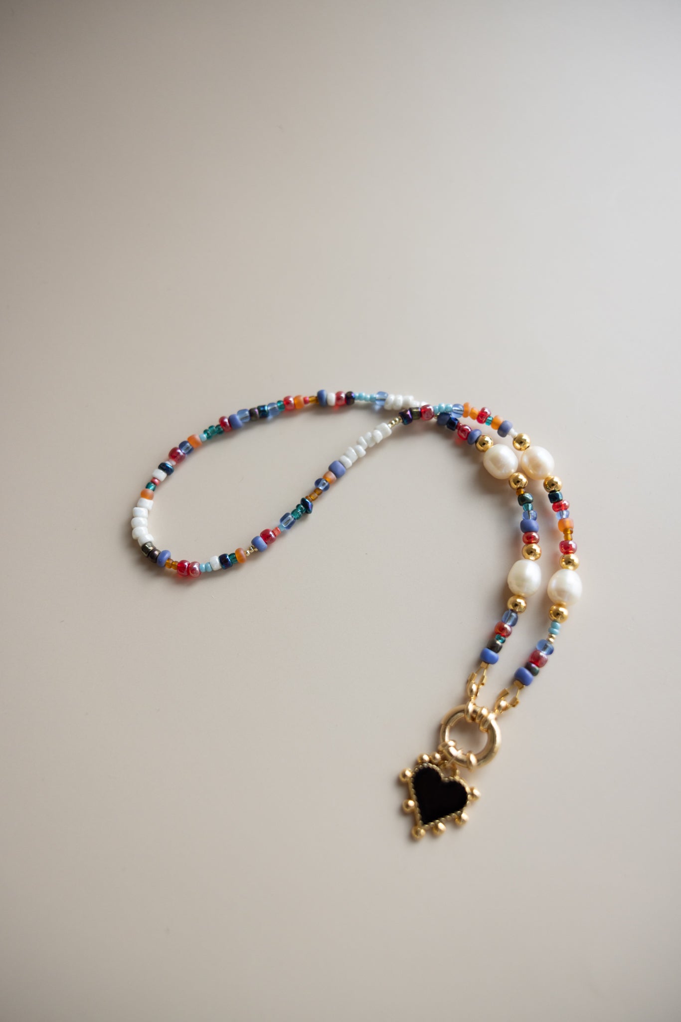 Pearl + Seed Bead Necklace + Black Heart Pendant