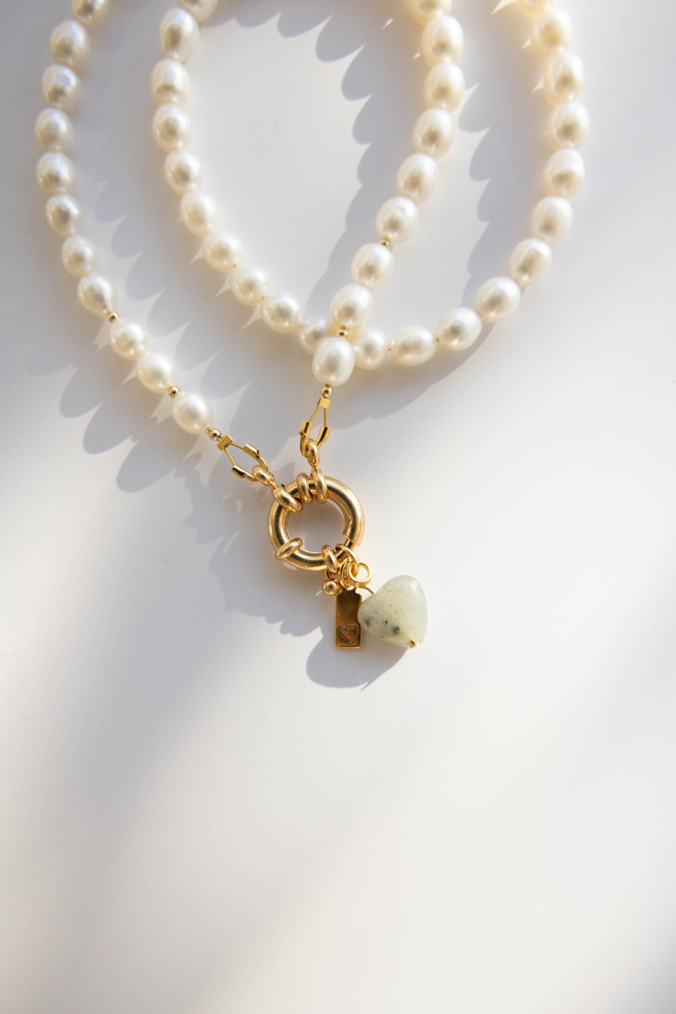 Pearl Necklace + Stone Heart Pendant