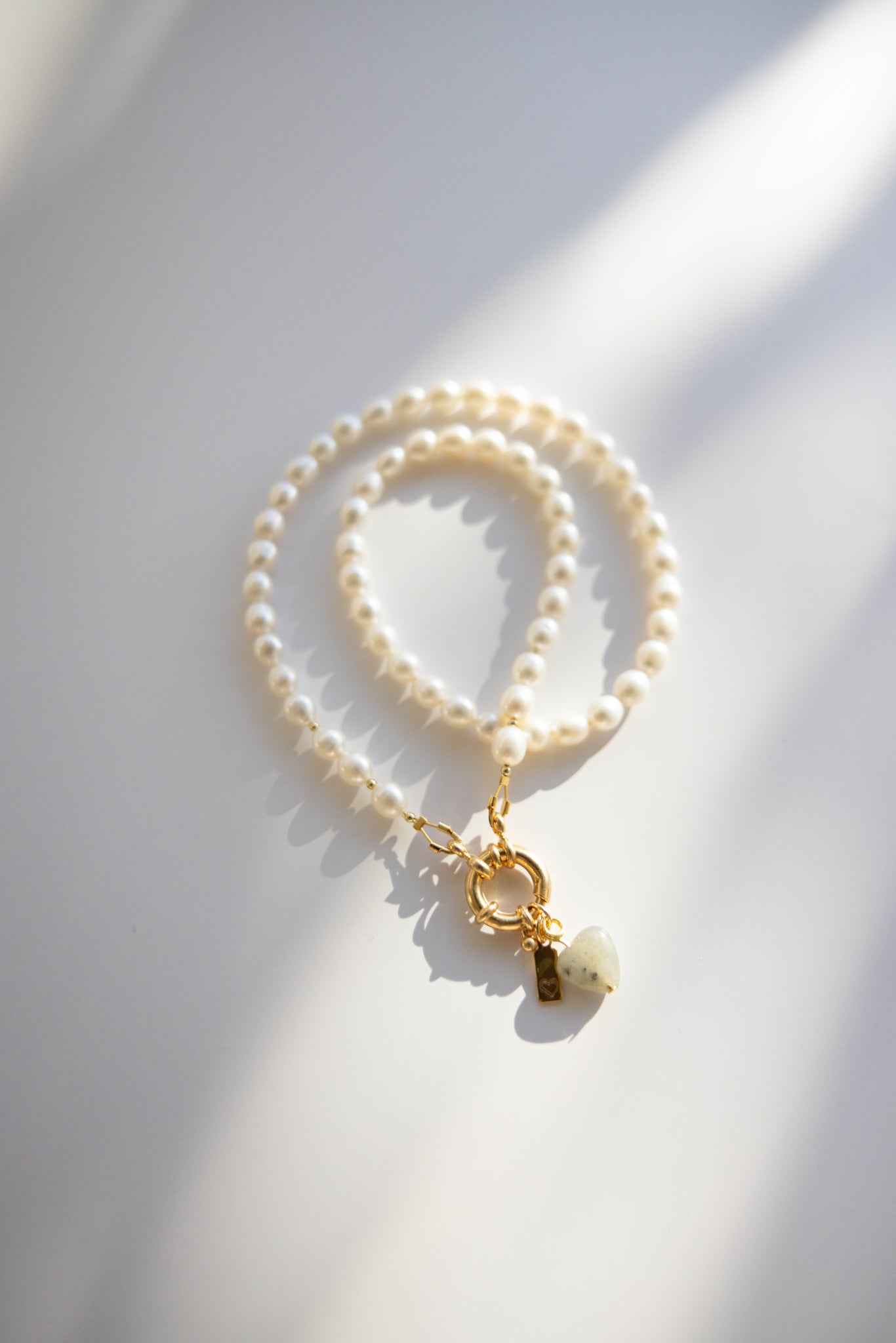 Pearl Necklace + Stone Heart Pendant