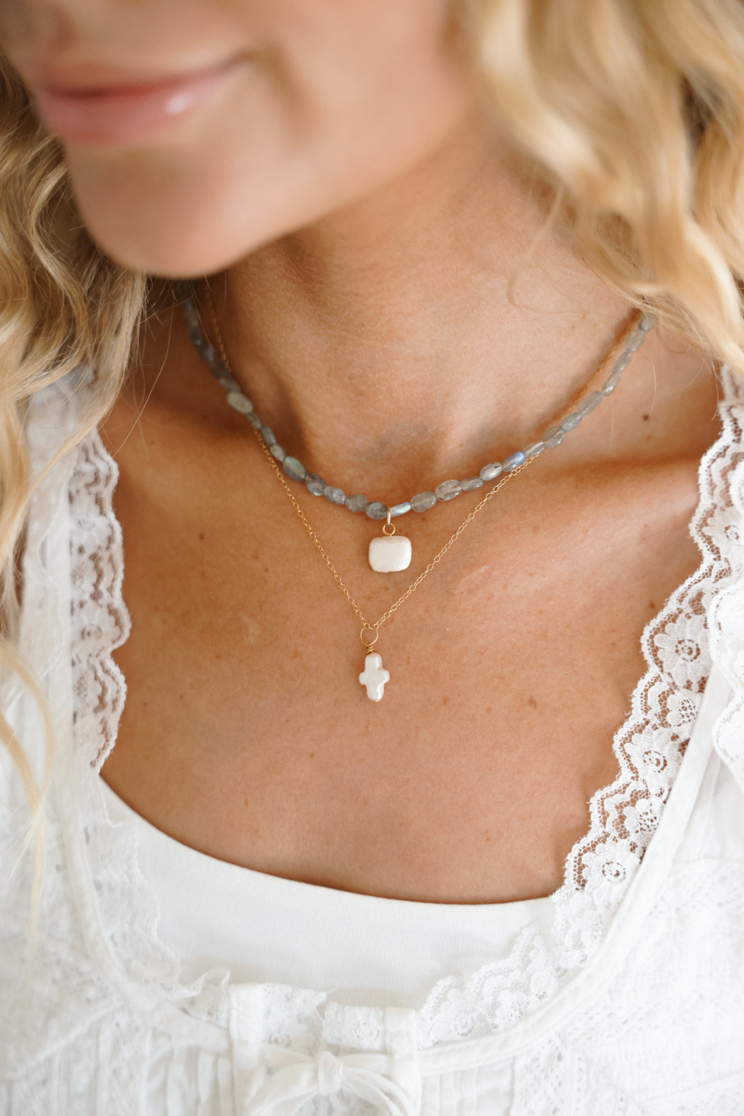 Labradorite Necklace + Square Pearl Pendant