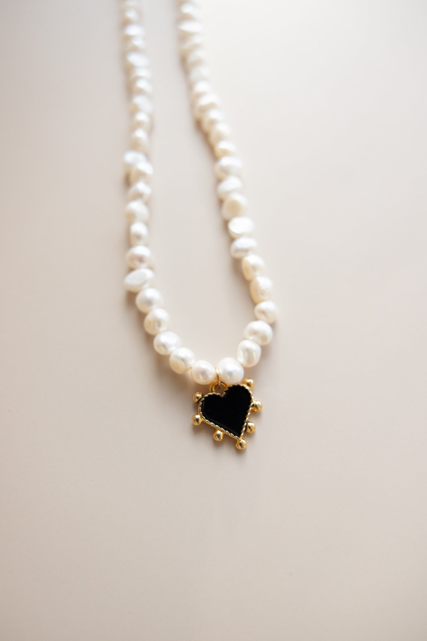 Freshwater Pearl Necklace + Black Heart Pendant