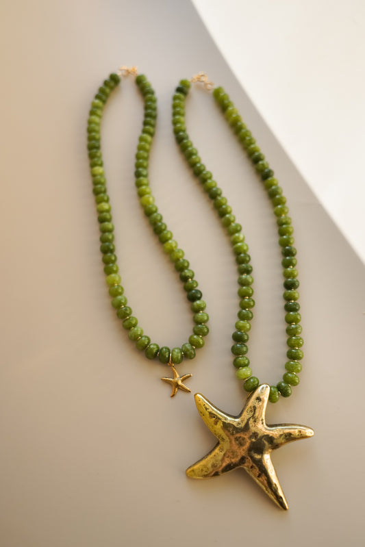 Green Jade Necklace + Starfish Pendant