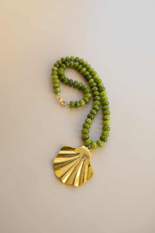 Green Jade Necklace + Shell Pendant