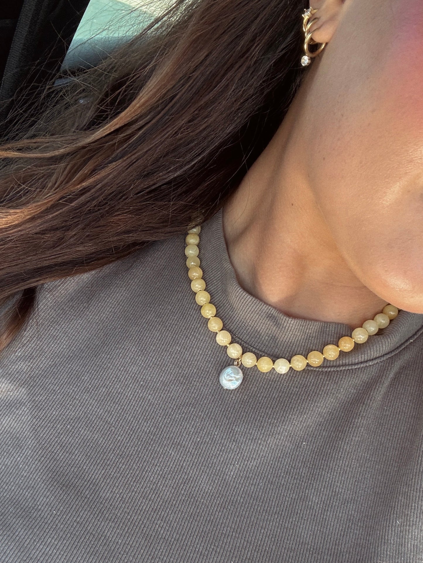 Yellow Calcite + Pearl Pendant