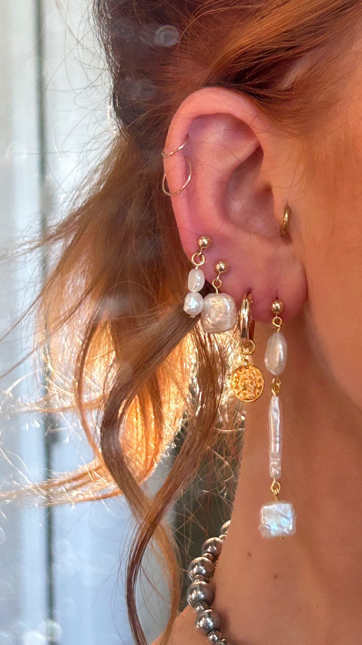 Gold + Silver Stud with Double Pearl Pendant